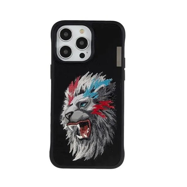 iPhone 15 Pro Max 3D EMBROIDERED LEATHER LION CASE - Black