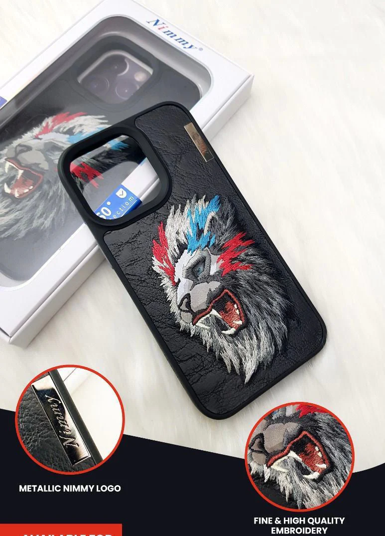 iPhone 15 Pro Max 3D EMBROIDERED LEATHER LION CASE - Black